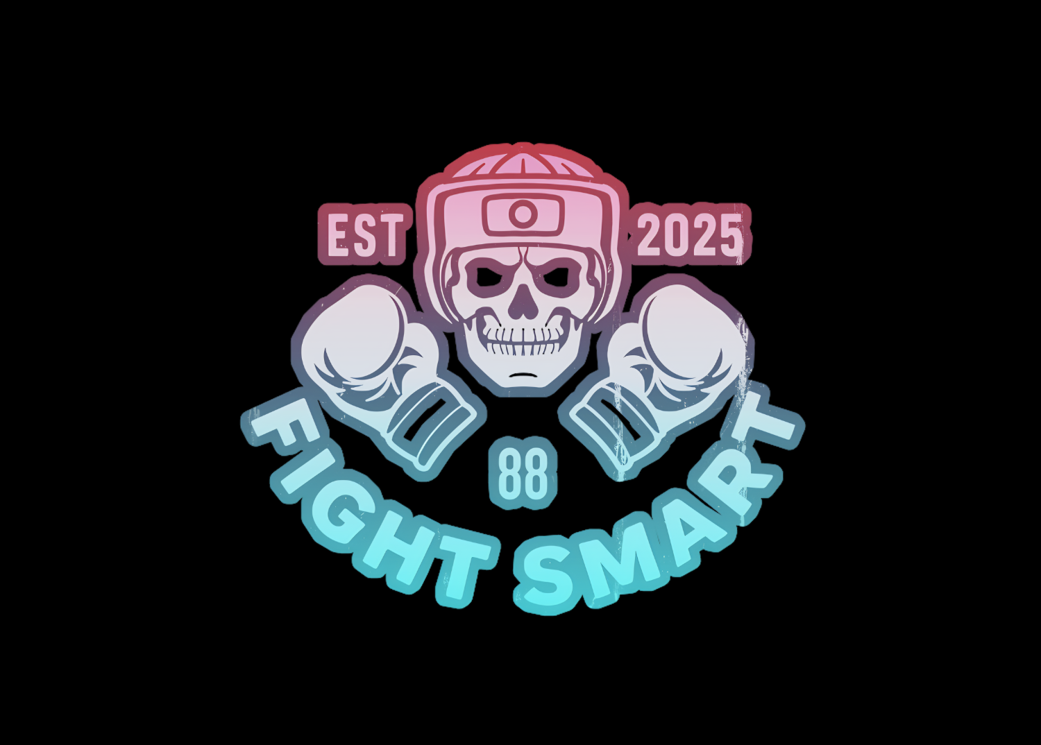 A logo featuring a skull wearing a helmet with a mounted camera, boxing gloves, and the words 'Fight Smart', established in 2025, and the number 88.