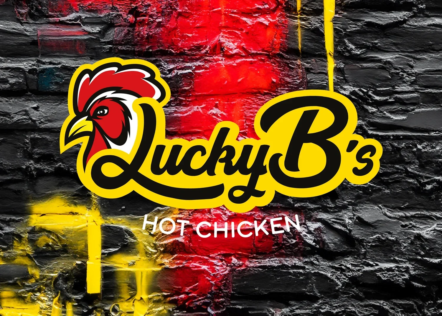 Neon sign with the logo of a red rooster and the text "Lucky B's" in yellow script, with "HOT CHICKEN" below, against a black brick wall background.