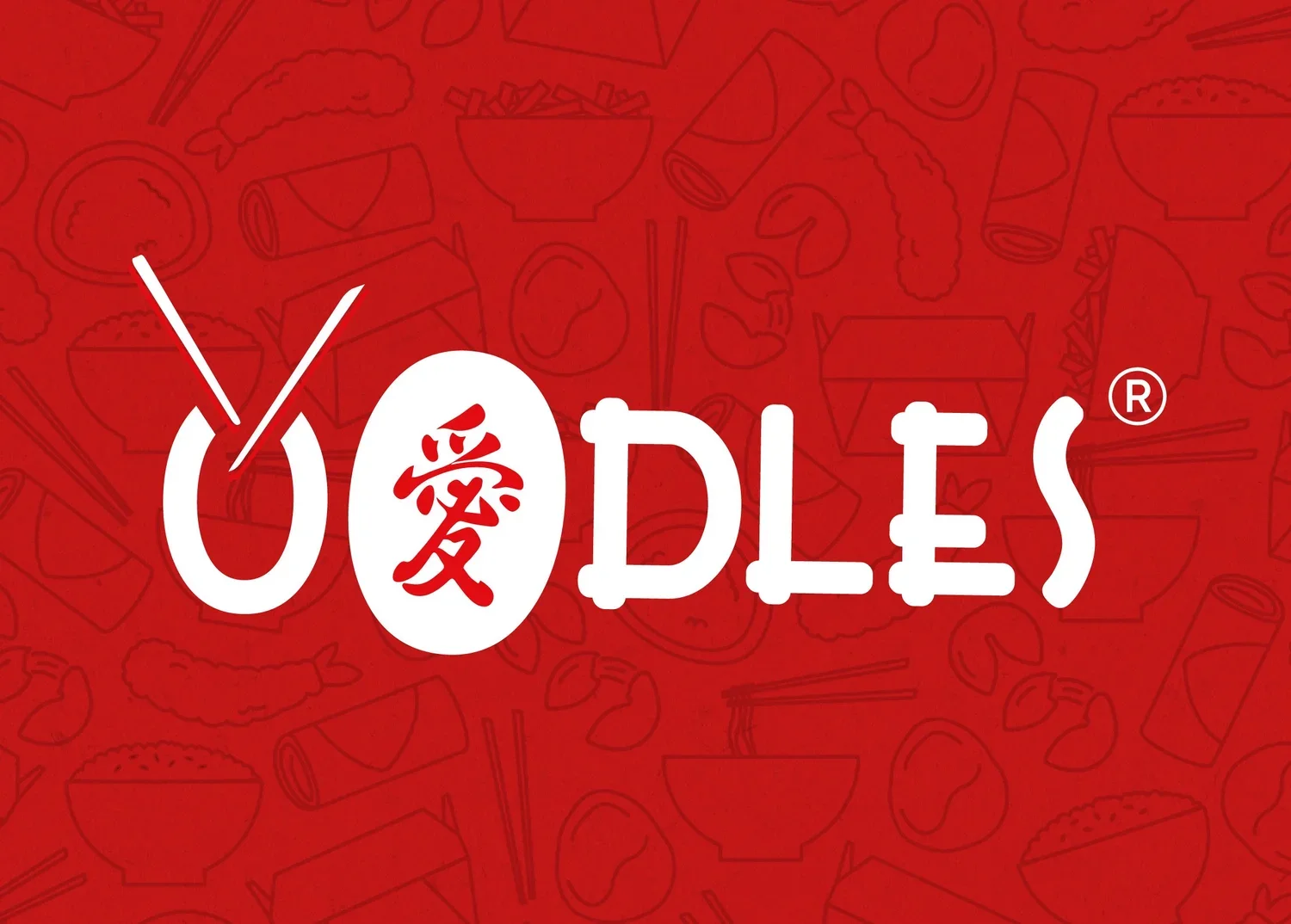 Logo for Oodles, a restaurant chain, featuring stylized Chinese takeout container, chopsticks, and a Chinese character for love or happiness, on a red background with subtle food-related illustrations.