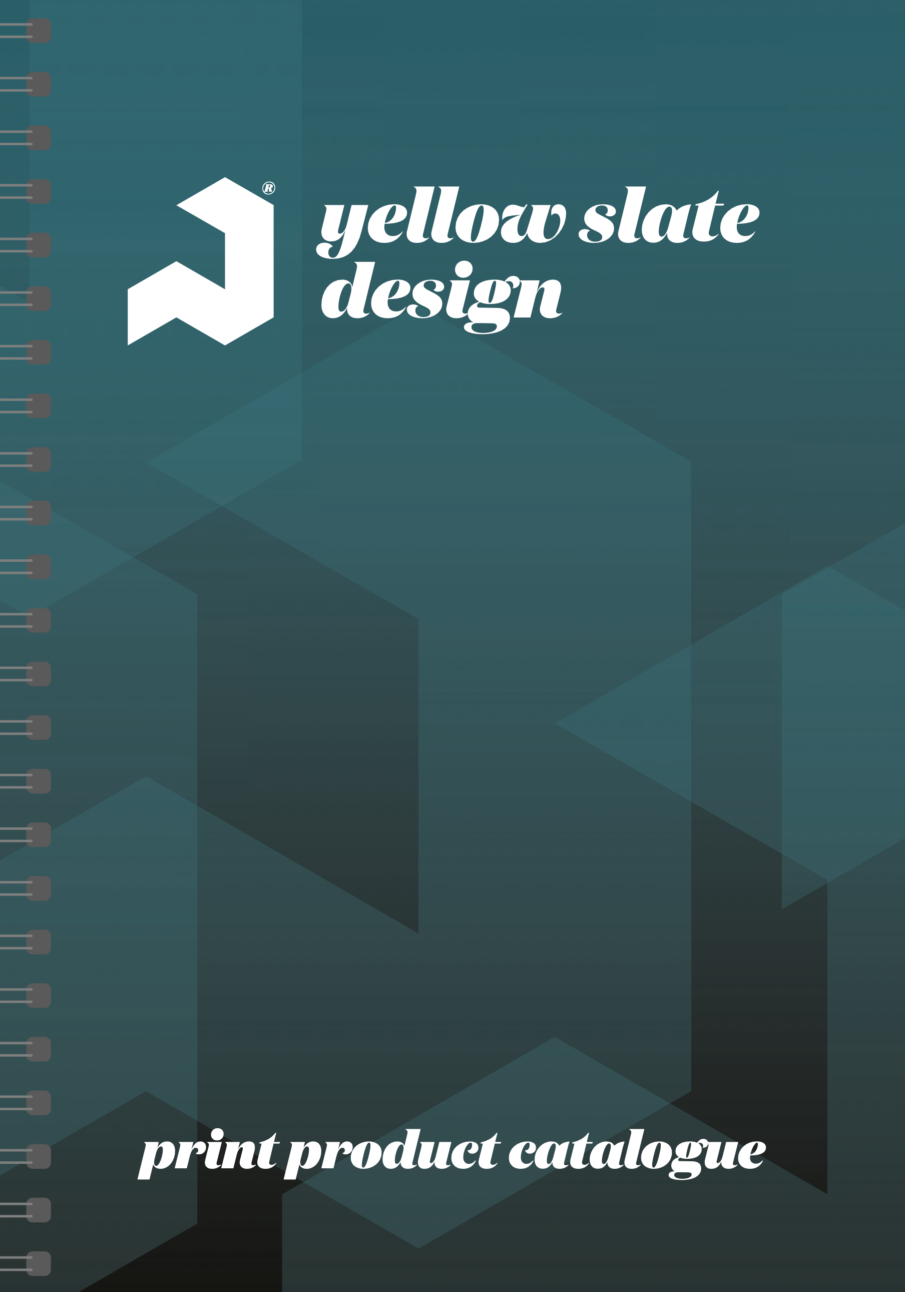 Cover of a printed product catalog titled 'yellow slate design print product catalogue' with a dark teal background and geometric design elements.