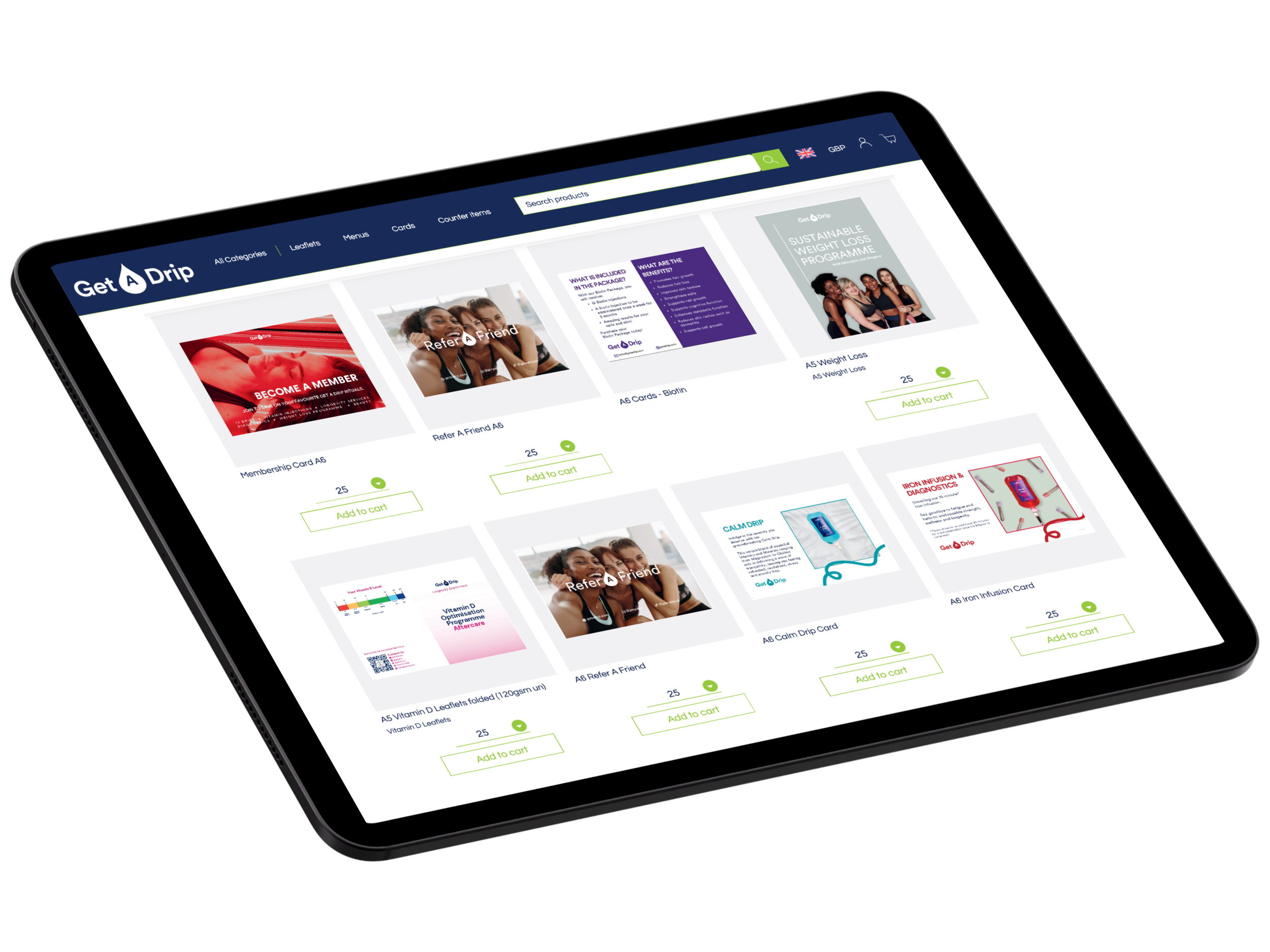 Tablet displaying online store with various health and wellness products, including cards, leaflets, and promotional banners for weight loss programs.