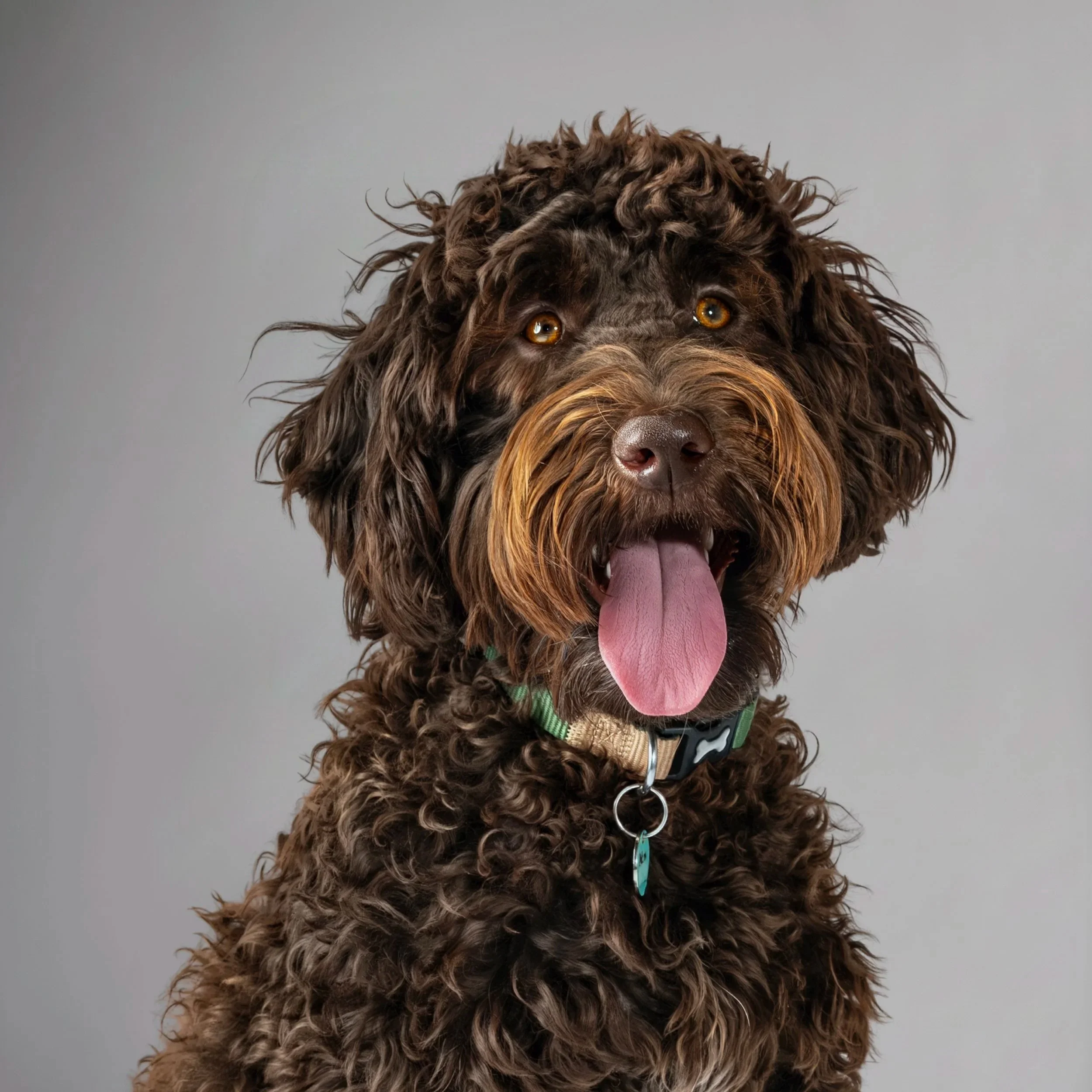 Close-up of a brown curly-haired dog with amber eyes, wearing a green collar, smiling with its tongue out against a plain white background.
