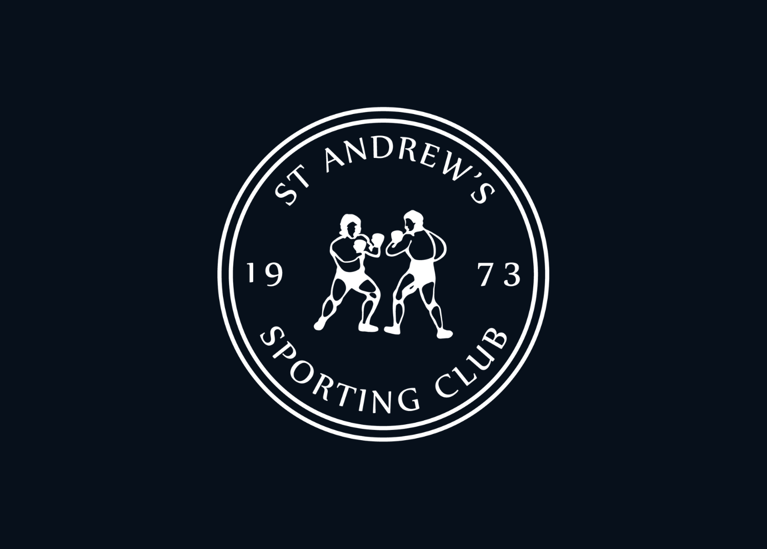 A circular logo for St. Andrew's Sporting Club, established in 1973, featuring two boxers sparring.