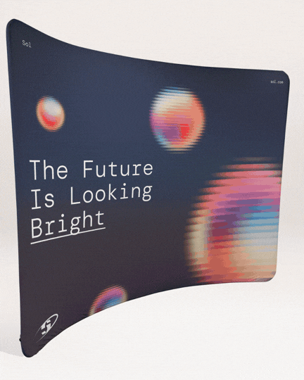 Curved banner with a dark background, featuring multicolored blurred circles, the text "The Future Is Looking Bright," and a small logo at the bottom left.