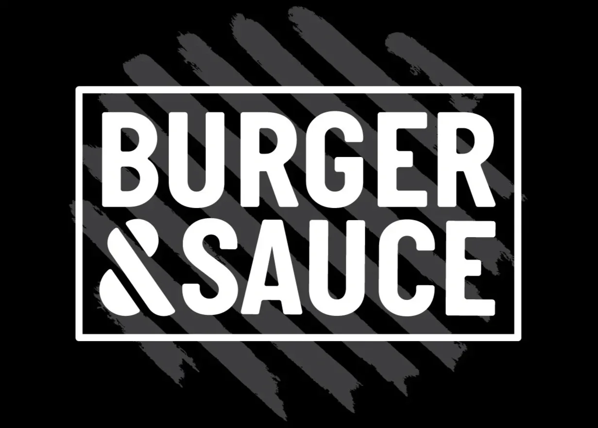 Black background with gray diagonal stripes. White rectangular outline with text inside that reads, "BURGER & SAUCE" in bold uppercase letters.