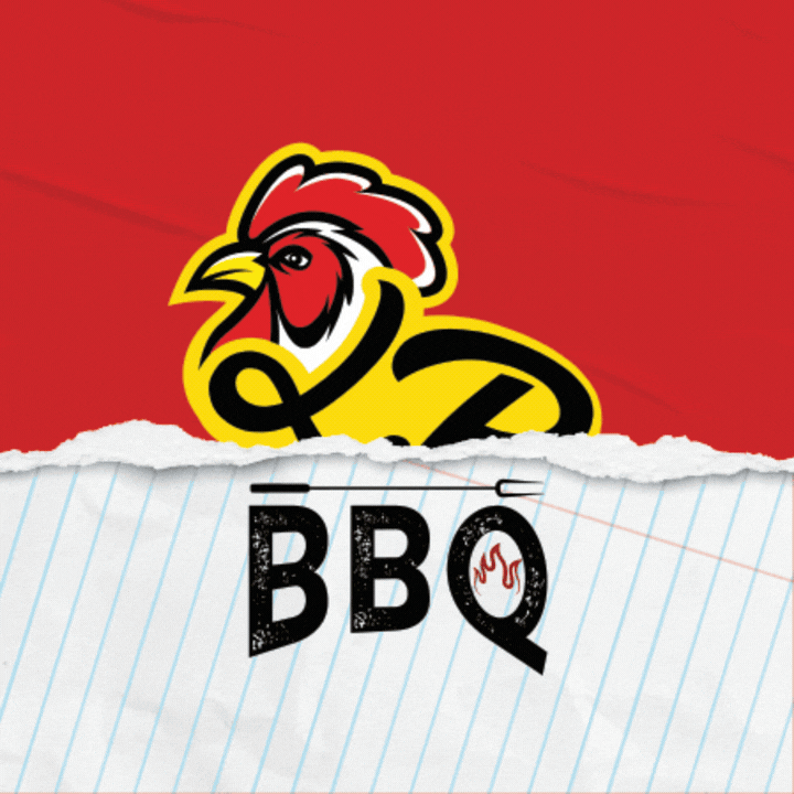 Logo of a rooster above torn notebook paper with the letters 'BBQ' and a small flame inside the letter Q, indicating barbecue.