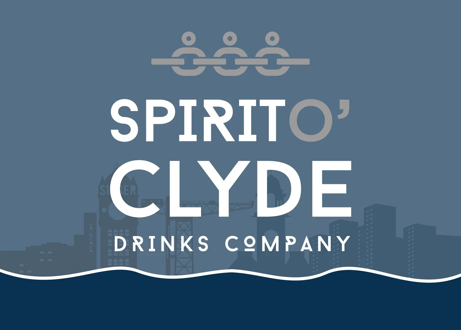 Logo for Spirito' Clyde Drinks Company with cityscape and bridge silhouette in background.