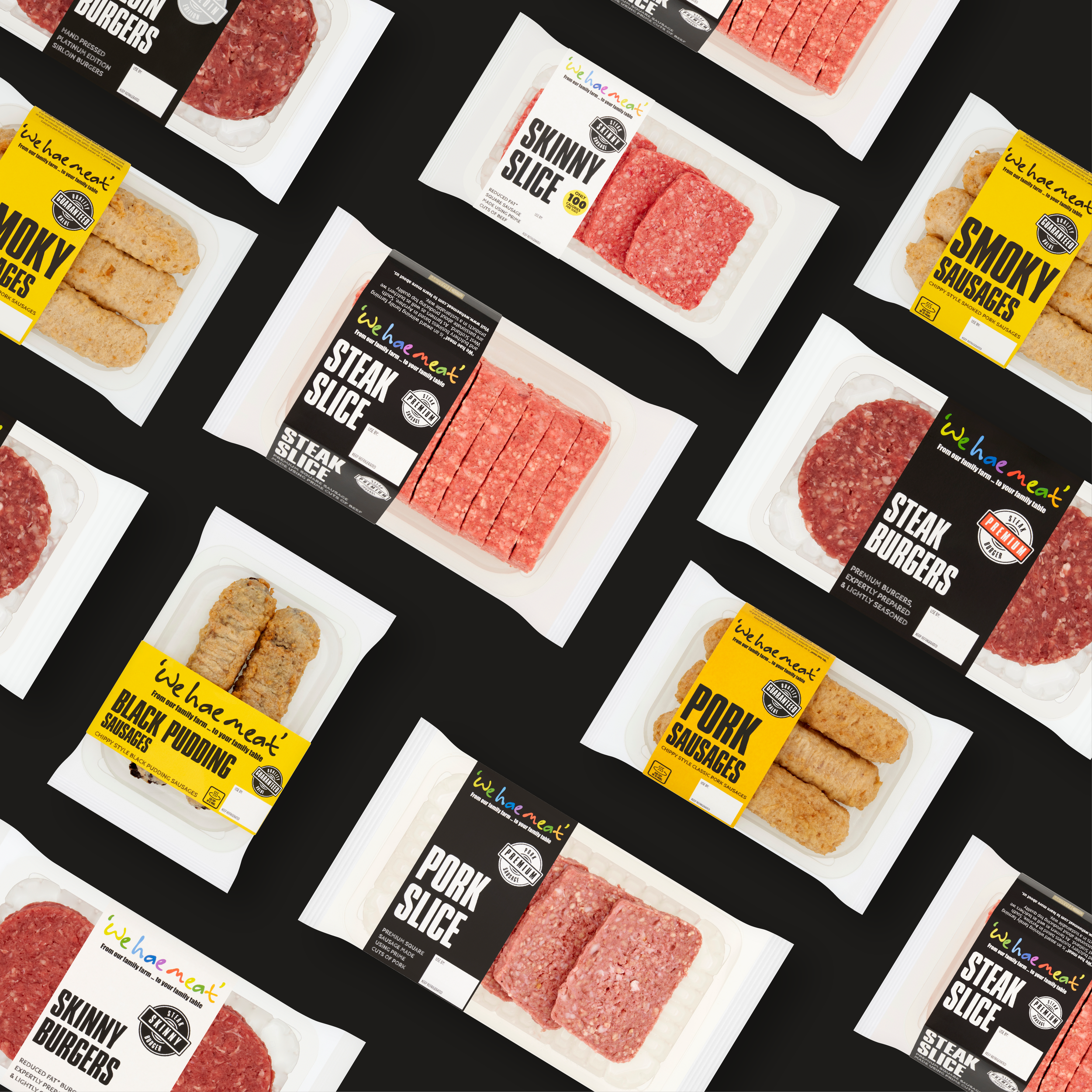 Assorted packages of sliced meat products, including steak and pork sausages, displayed at an angle against a black background.
