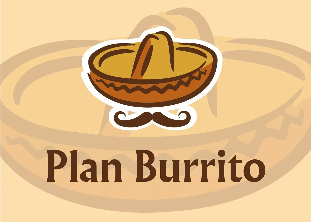 Logo for Plan Burrito featuring a cartoon sombrero hat with a mustache and the text 'Plan Burrito' underneath.