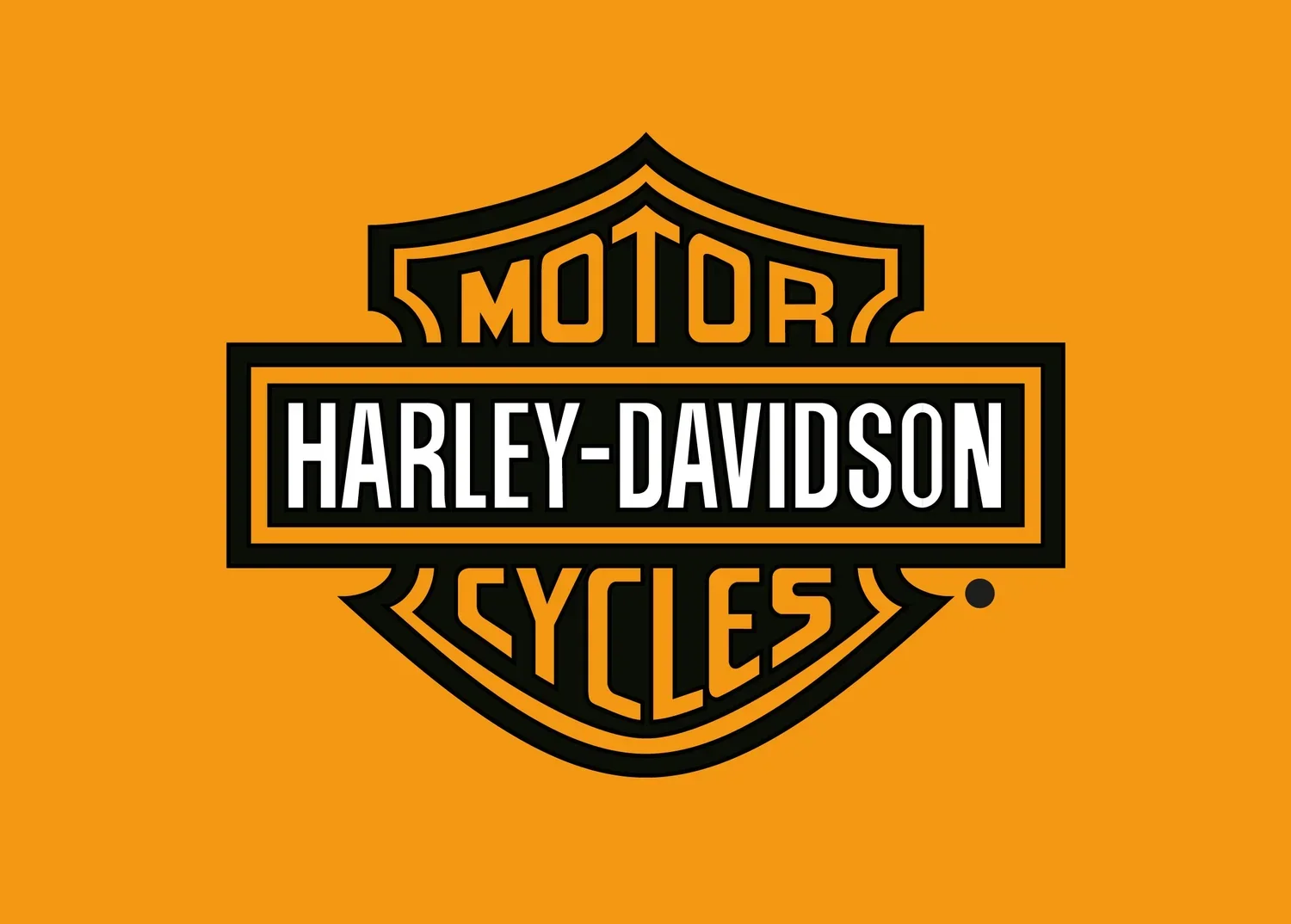 Harley-Davidson logo with black outline and orange background reading 'Motor Cycles' at the top and bottom and 'Harley-Davidson' in the center.