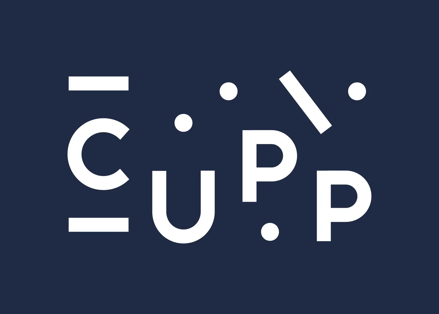 Graphic design with the words 'CUP' and 'HIP' arranged in a scattered pattern on a dark background, with white font and some circles and lines.