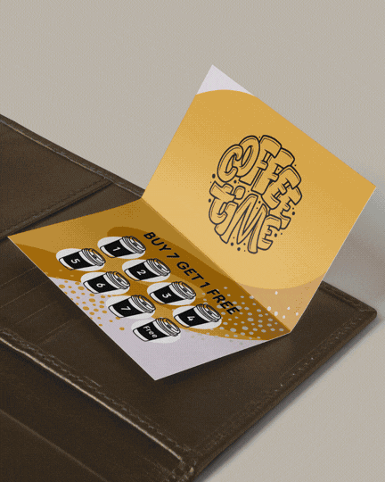 Open coupon booklet with a promotional offer, displaying a "BUY 7 GET 1 FREE" deal and numbered sections from 1 to 8.