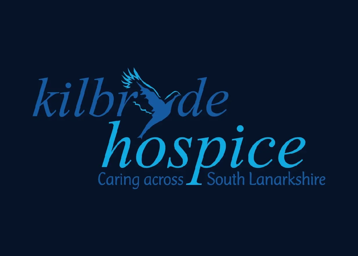 Logo of Kilbryde Hospice with a stylized bird in flight, blue text on a dark background.
