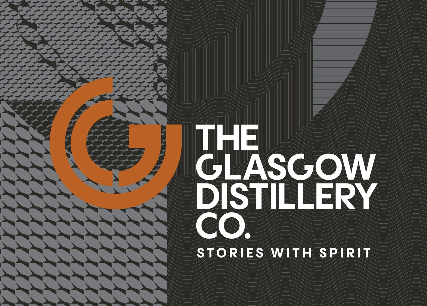 Logo and text for The Glasgow Distillery Co.: 'Stories with Spirit' on a background with geometric and abstract patterns.