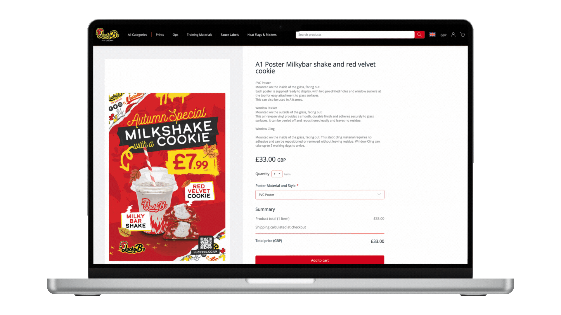 Online product page for Lucky B's Autumn Special Milkshake with a cookie priced at £7.99, featuring a red velvet cookie on the poster to the left of the screen.