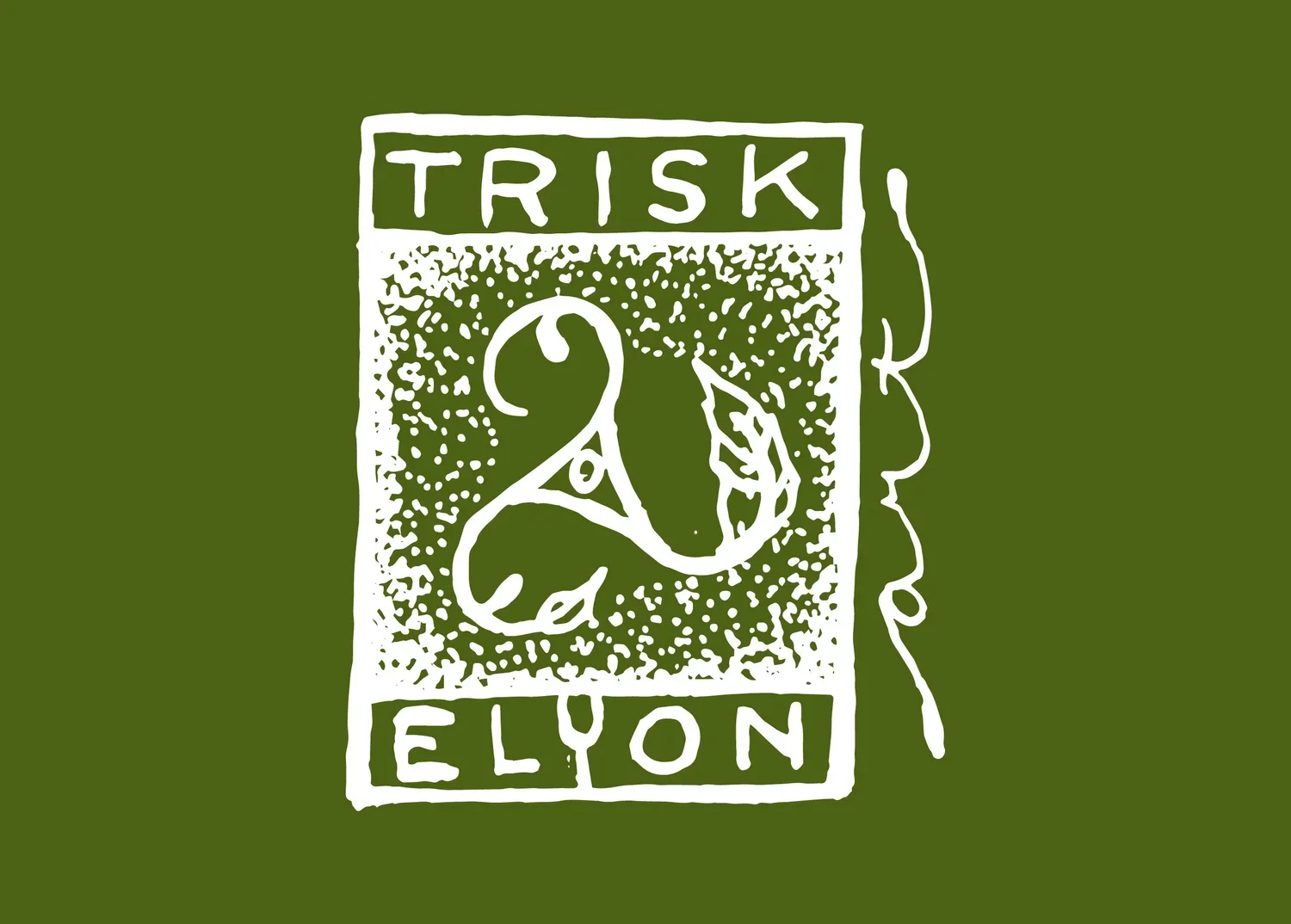 White line drawing of a rectangular label with "RISK" at the top and "ELYN" at the bottom on a green background. The label features a stylized image of a dog and a hand.