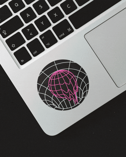 Laptop with a decal of a pink brain inside a wireframe globe on the bottom right corner.