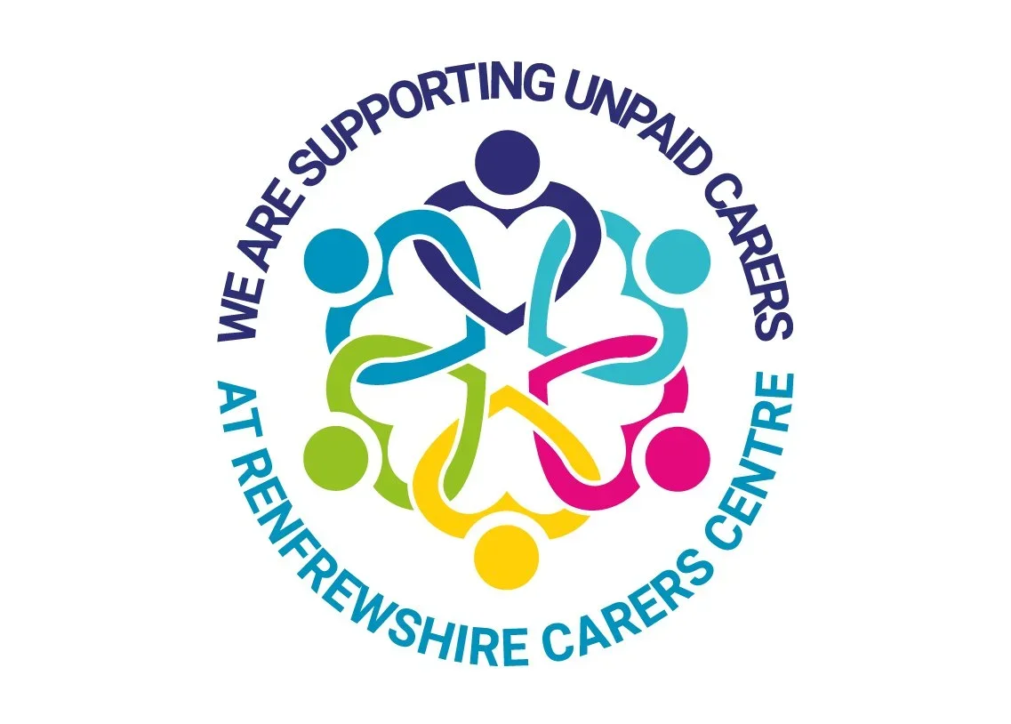 Colorful logo with interconnected figures representing care and support, with the text 'We are supporting unpaid carers at Trewintreeshire Carers Centre' arranged in a circle around the figures.