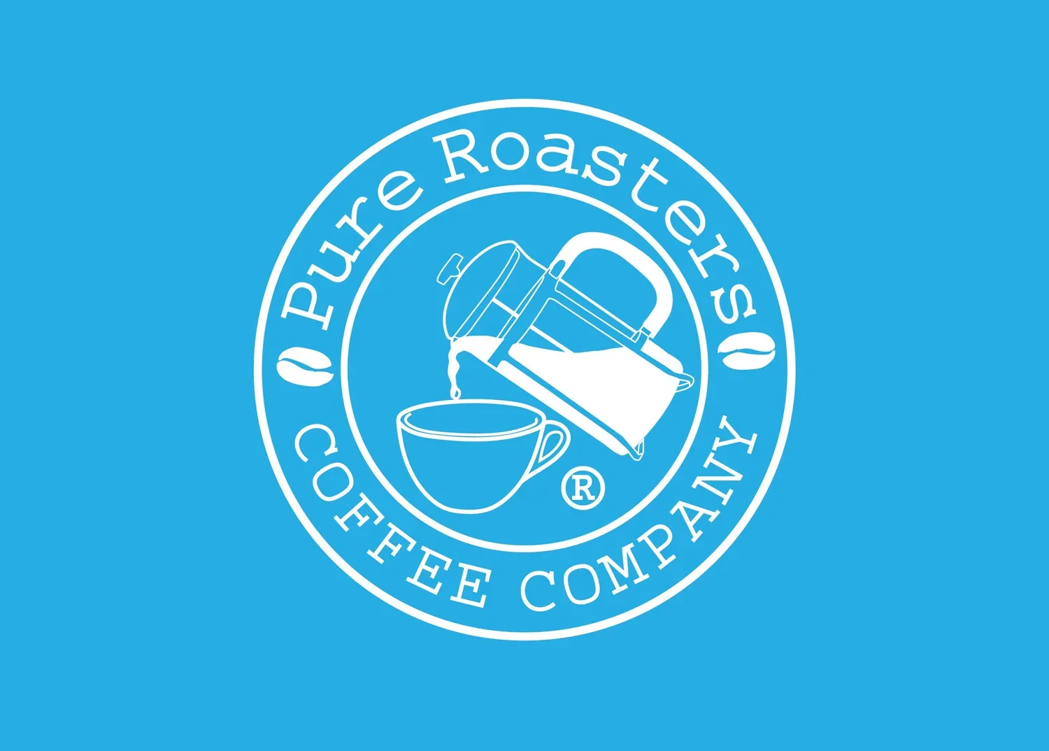 Blue logo for Purple Roasters Coffee Company featuring a coffee pot pouring coffee into a cup, encased in a circular border with the company name and coffee beans.
