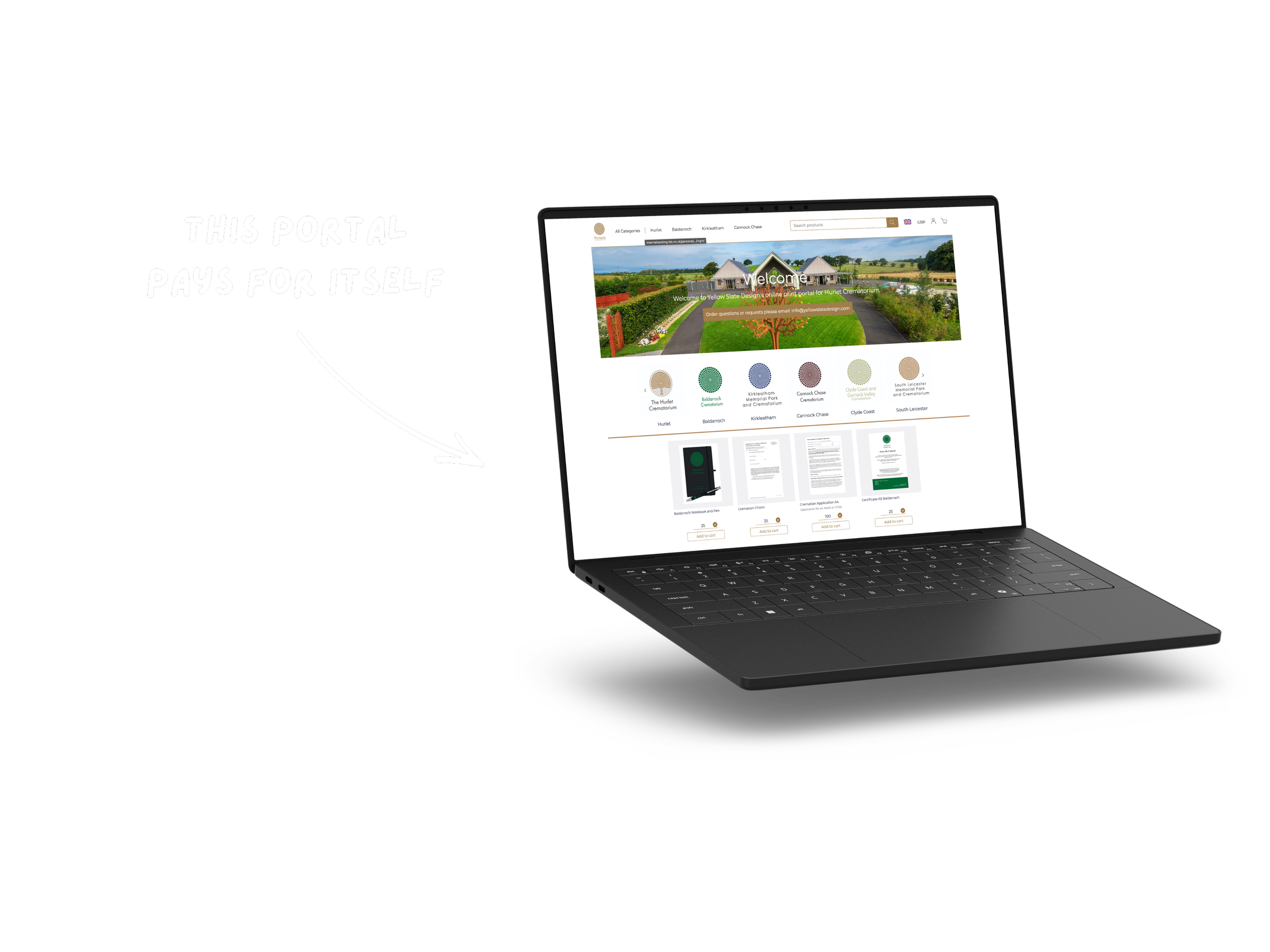 A laptop displaying a website for a crematorium with a garden scene and various product options.
