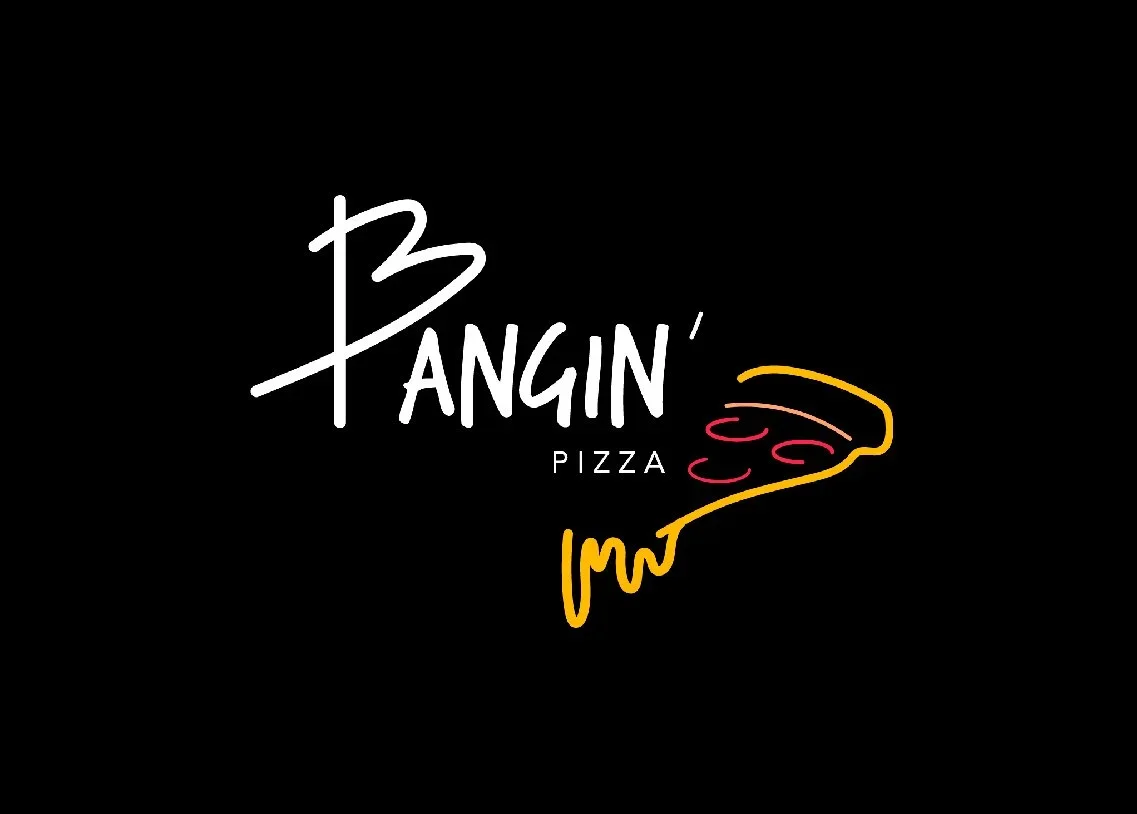 Logo for Bangin' Pizza featuring stylized text and a simple line drawing of a pizza slice.