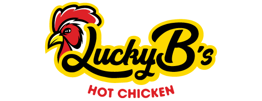 Lucky B's Hot Chicken logo featuring a rooster's head and bold yellow and red text.