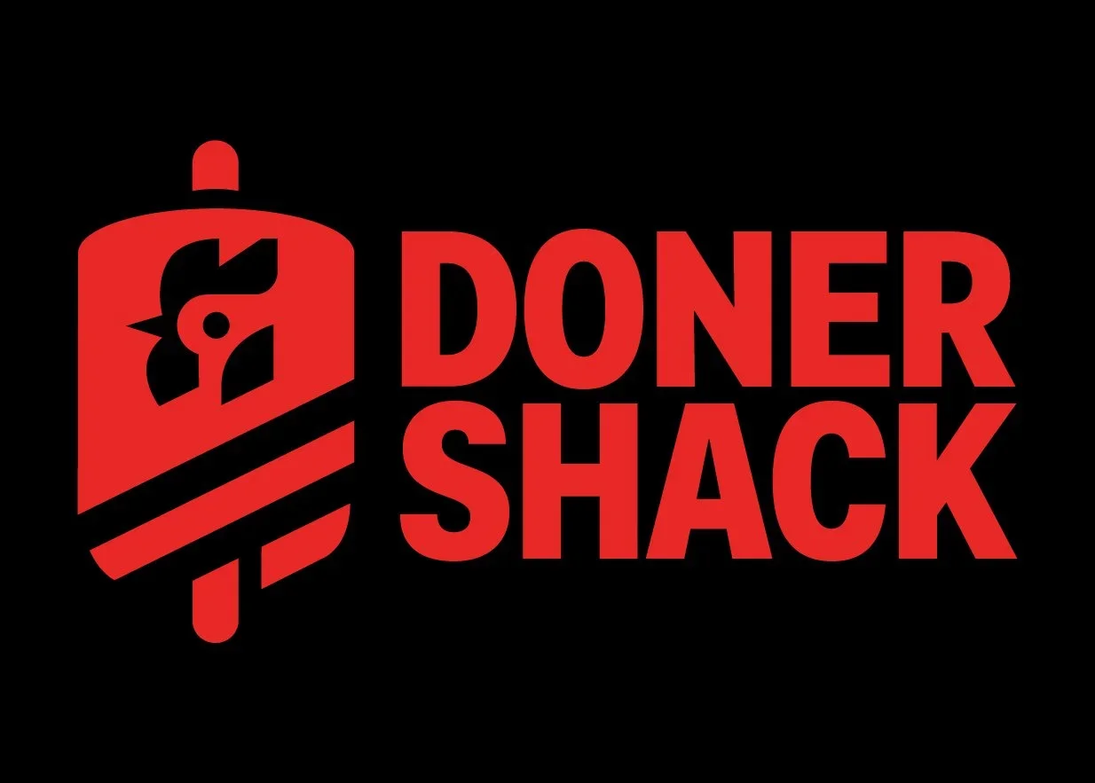 Logo for Doner Shack featuring a stylized red kebab spit with a chicken silhouette, accompanied by bold red text saying "Doner Shack" on a black background.