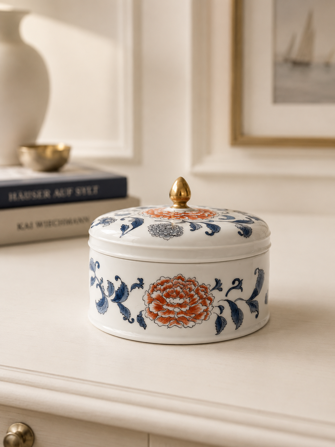 Handbemalte Porzellan Dose Oval mit Chinesischem Blumen Ornament
