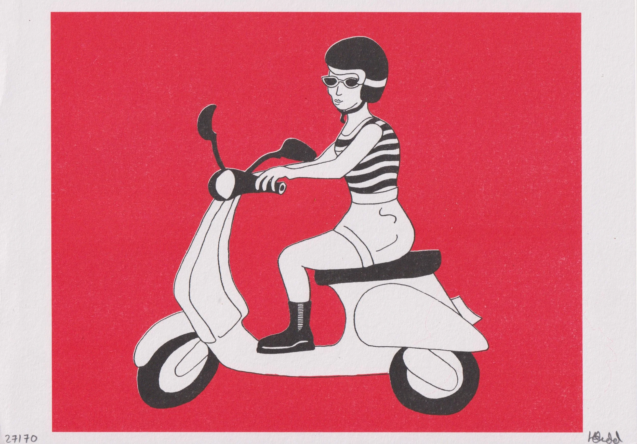 Red moped Risograph print