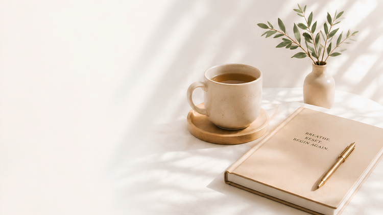 A quiet desk with a mug, a small plant and a notebook