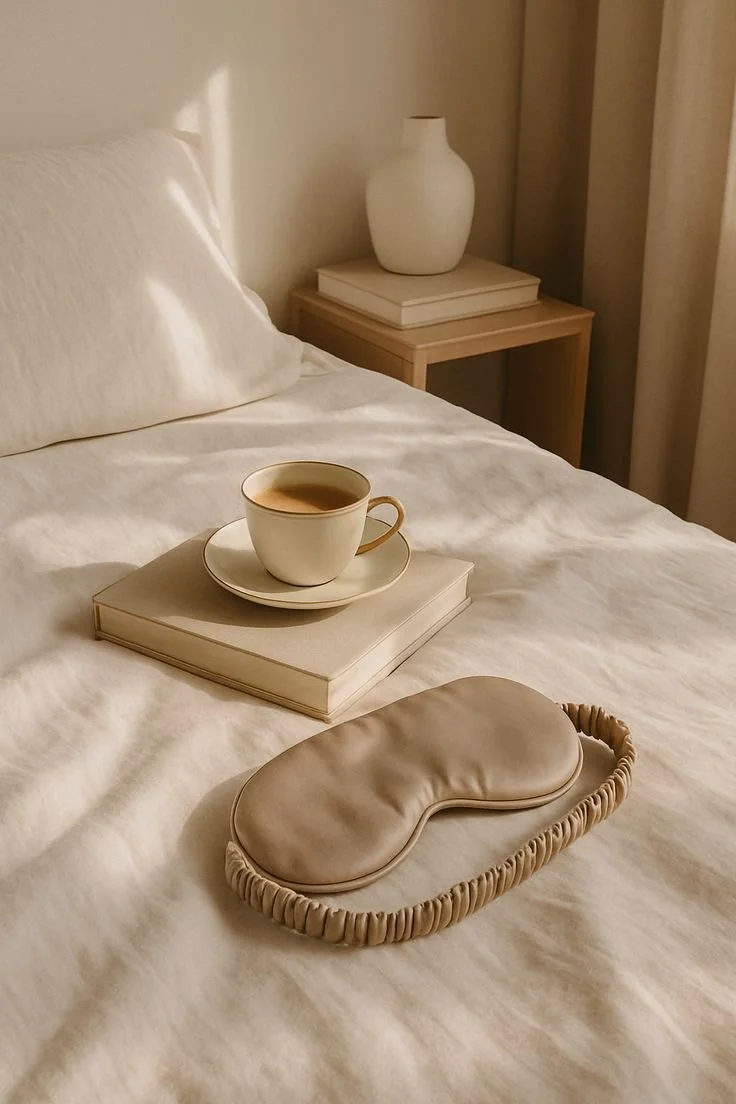 A cup of tea and an eye mask on a made bed