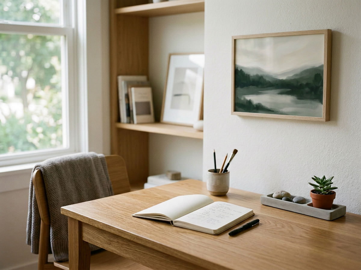 A calm, tidy room with a wooden desk, an open book and a plant by a sunny window