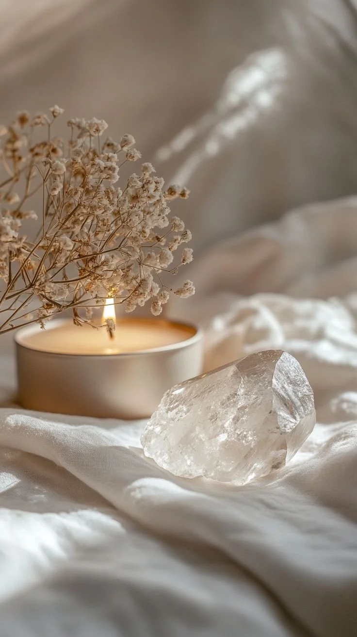 A lit candle on crumpled linen