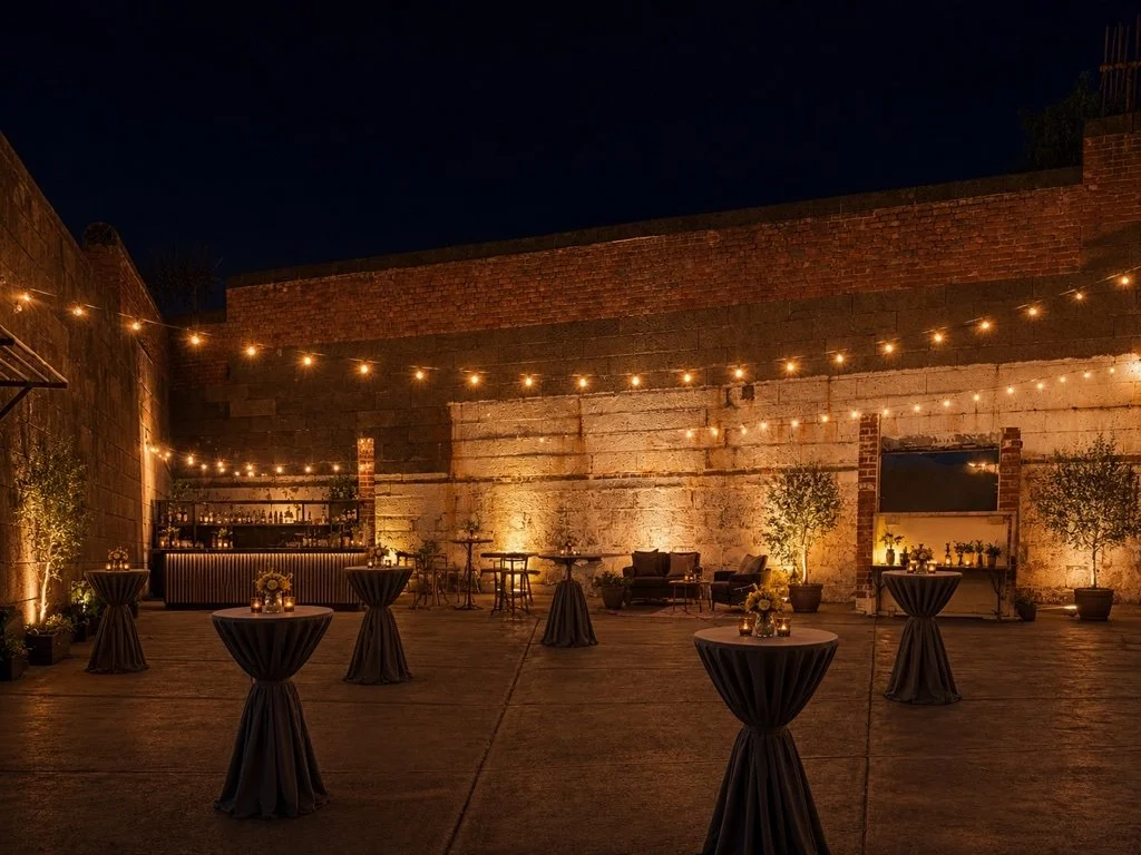 Outdoor evening event space with string lights, high-top tables with black tablecloths, and a bar area in the background, featuring potted plants and cozy seating.