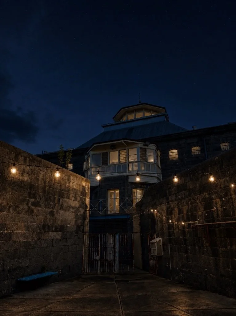 Nighttime view of a historic building with a tower, illuminated by string lights along stone walls leading to gated entrance.