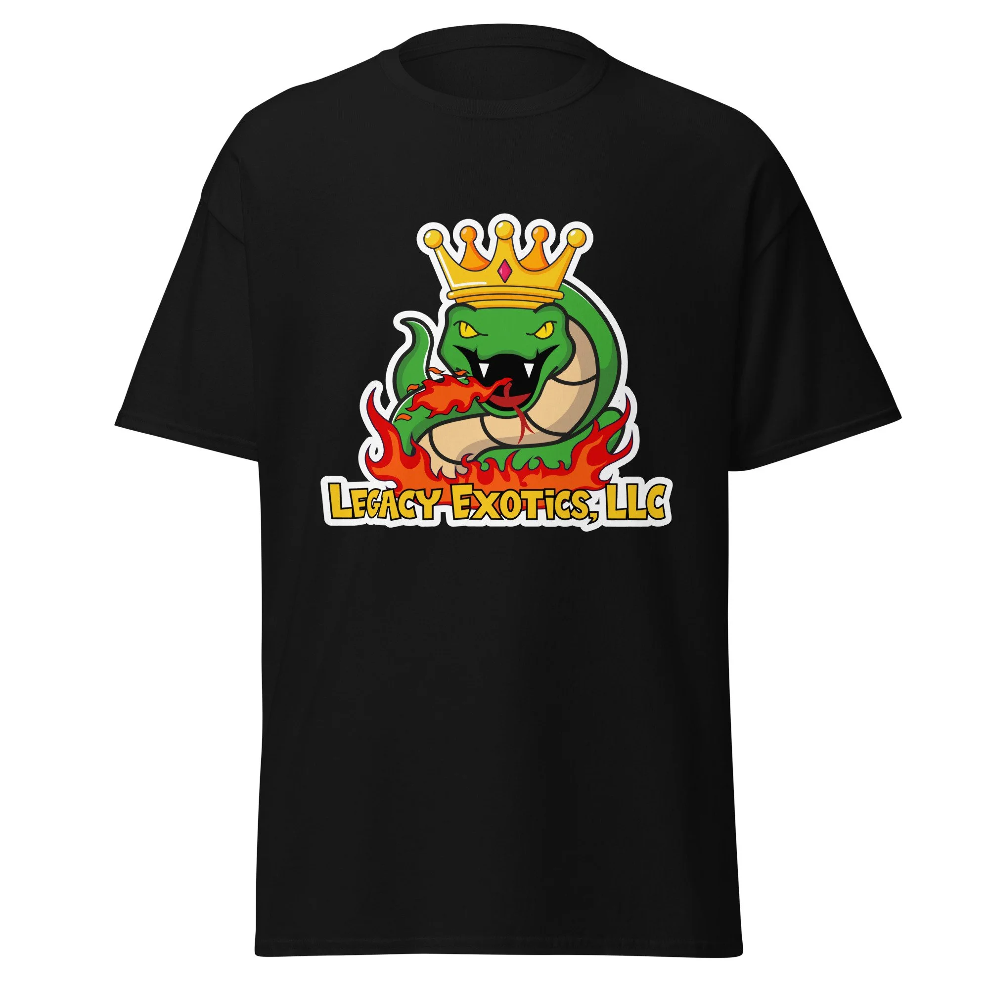Black t-shirt with a graphic of a green snake wearing a crown and breathing fire, with LEGACY EXOTICS, LLC text below.