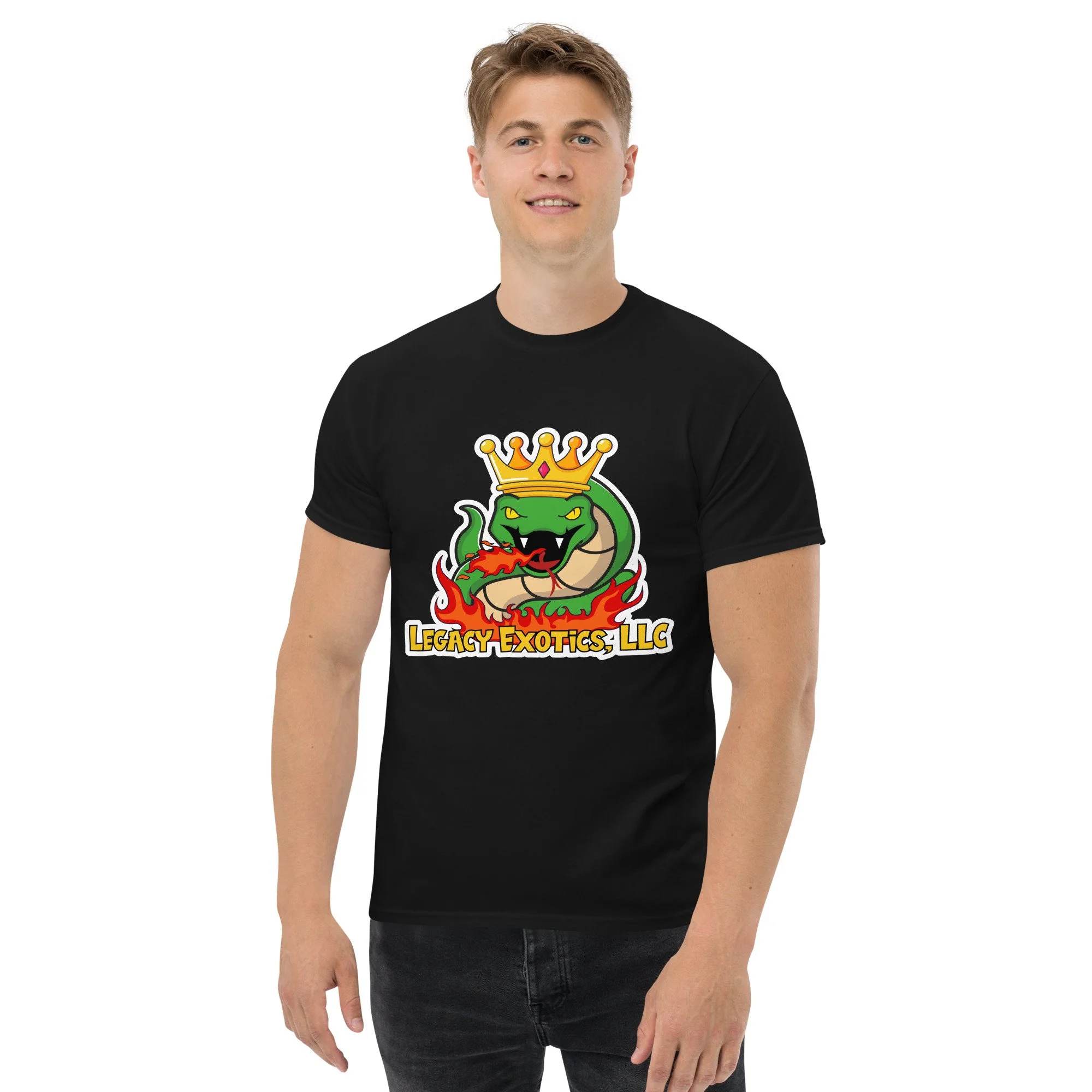 Smiling man wearing a black Legacy Exotics LLC t-shirt with a crowned green snake logo on the front.