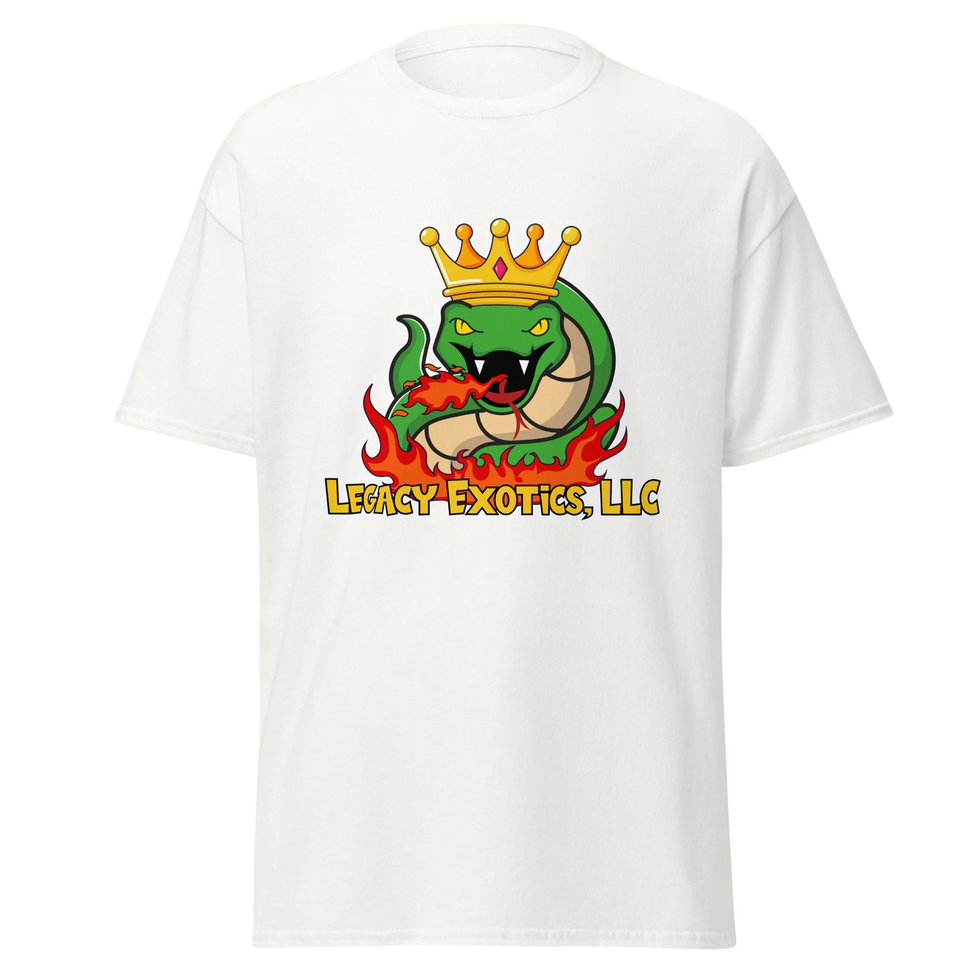 White T-shirt with a crowned green snake, red flames, and yellow text reading Legacy Exotics, LLC on the front.