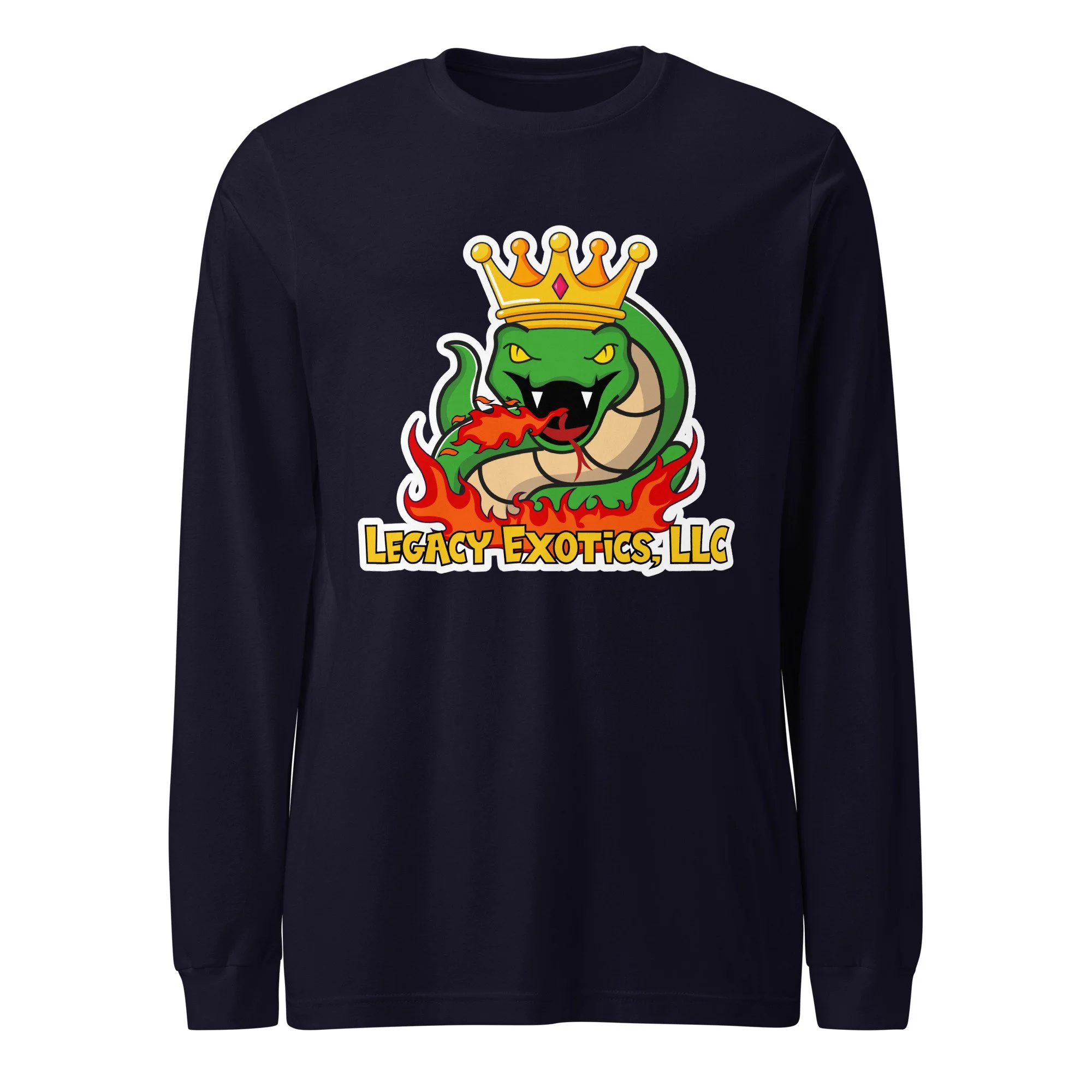 Blue long-sleeve shirt with a crowned green snake, flames, and Legacy Exotics, LLC logo on the front.