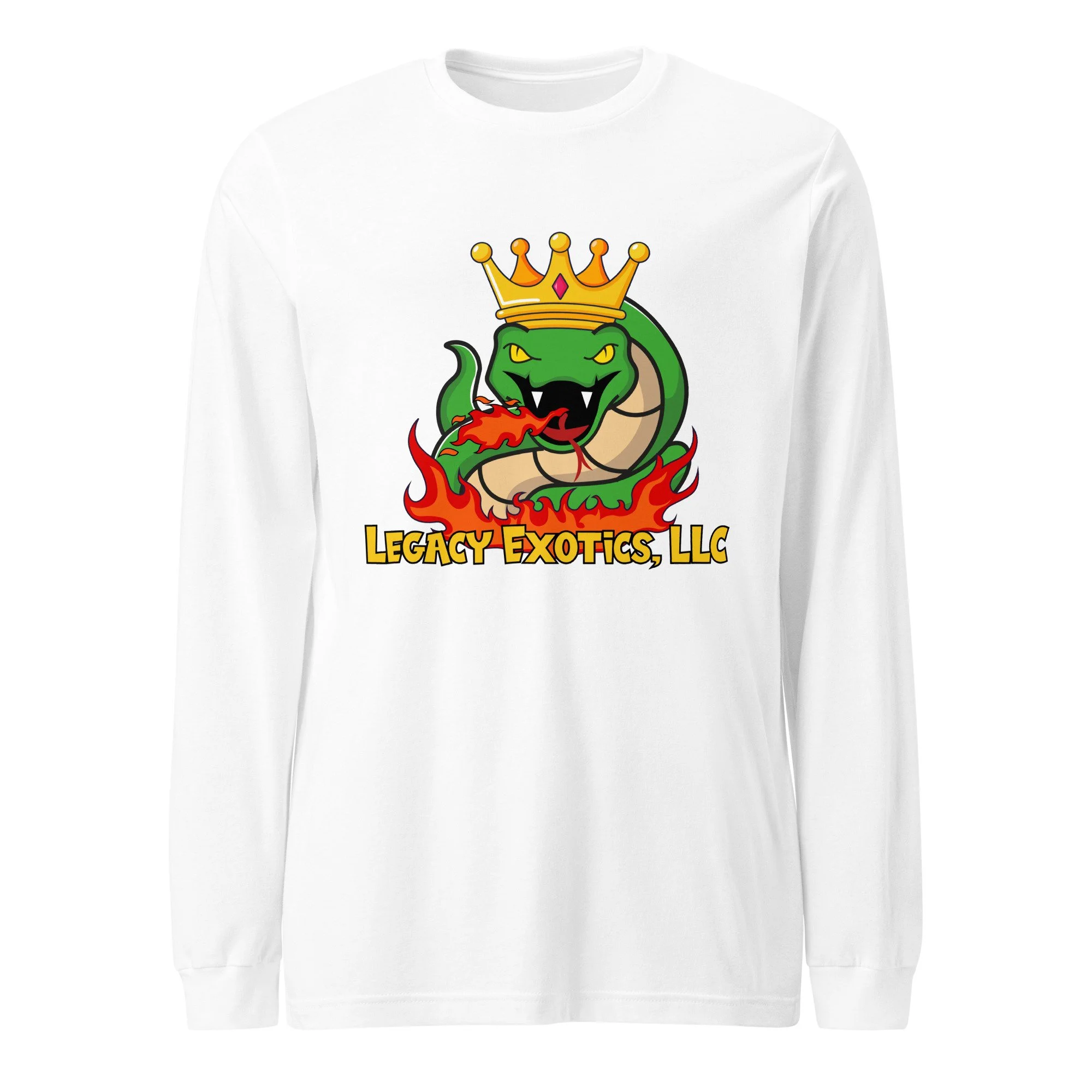 White long-sleeve shirt with a crowned snake logo, flames, and text: Legacy Exotics, LLC on the front.