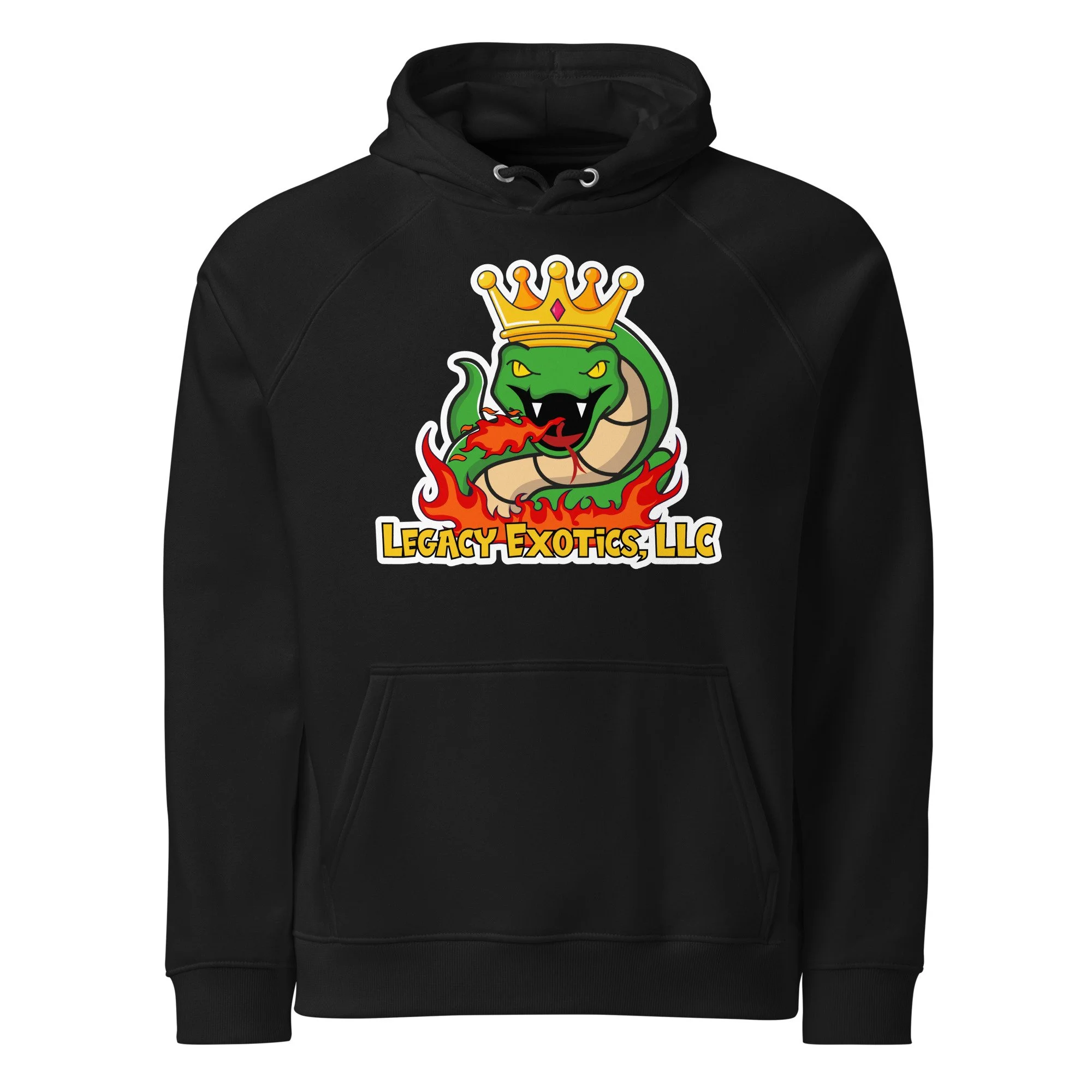 Black hoodie with a crowned snake logo, flames, and the text Legacy Exotics, LLC on the front.