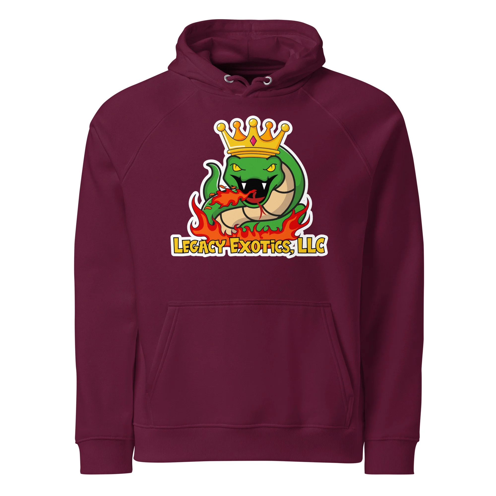 Maroon hoodie featuring a crowned green snake with flames and the text Legacy Exotics, LLC below the graphic.