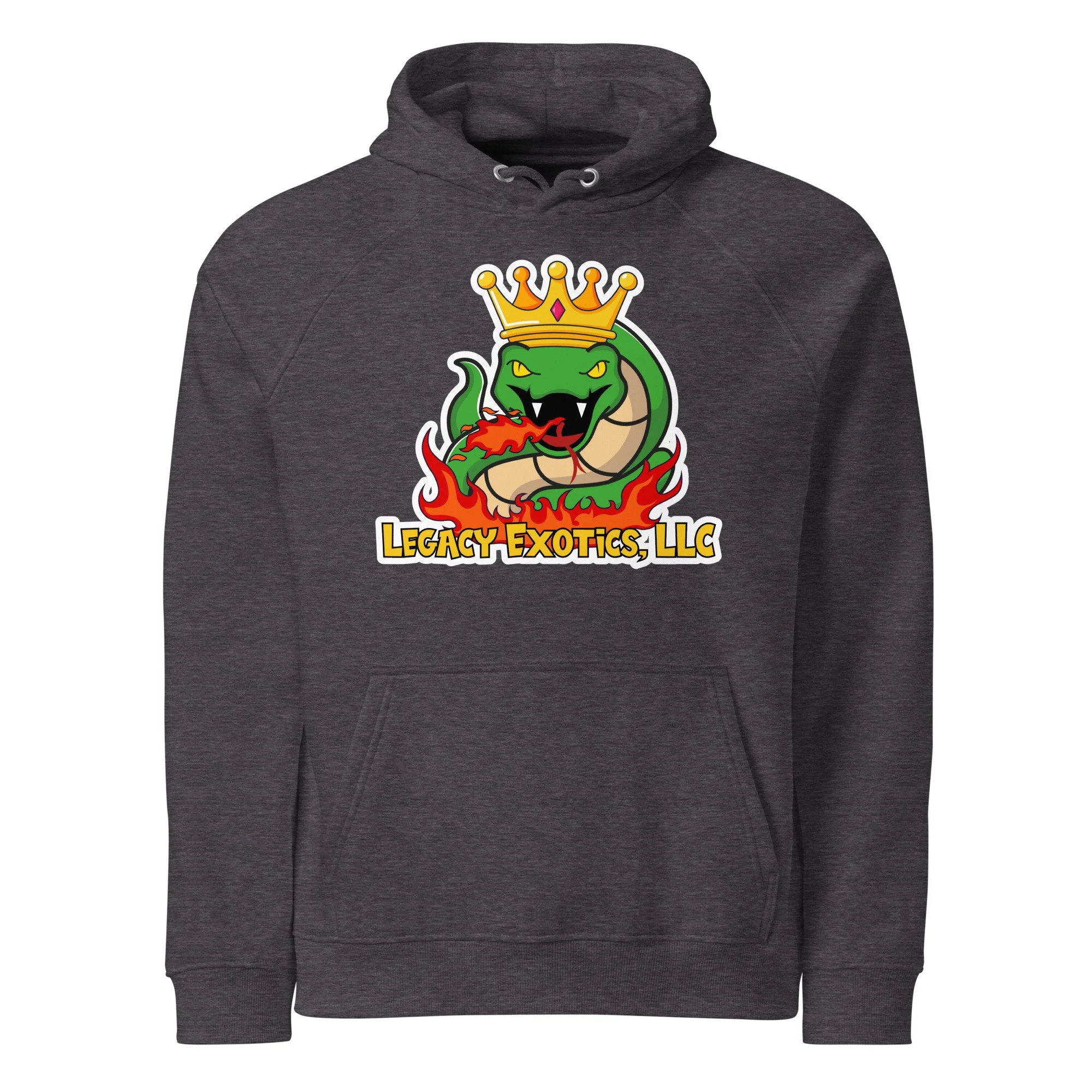 Charcoal hoodie with a crowned green snake logo, red tongue out, Legacy Exotics, LLC text in yellow and orange below the snake.