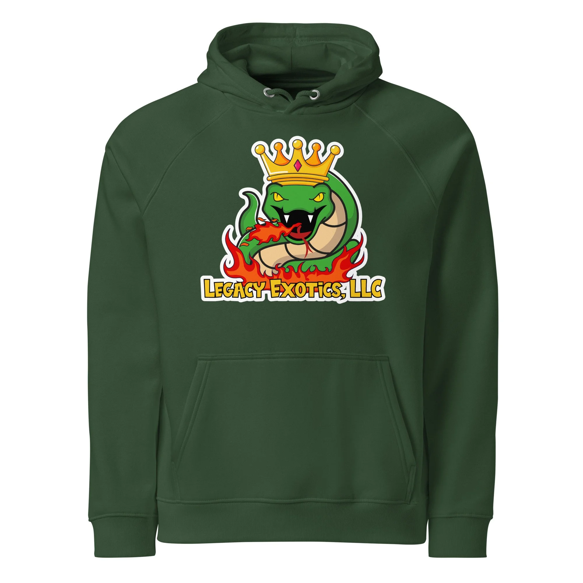 Green hoodie featuring a crowned green snake with flames and the text Legacy Exotics, LLC below the graphic.