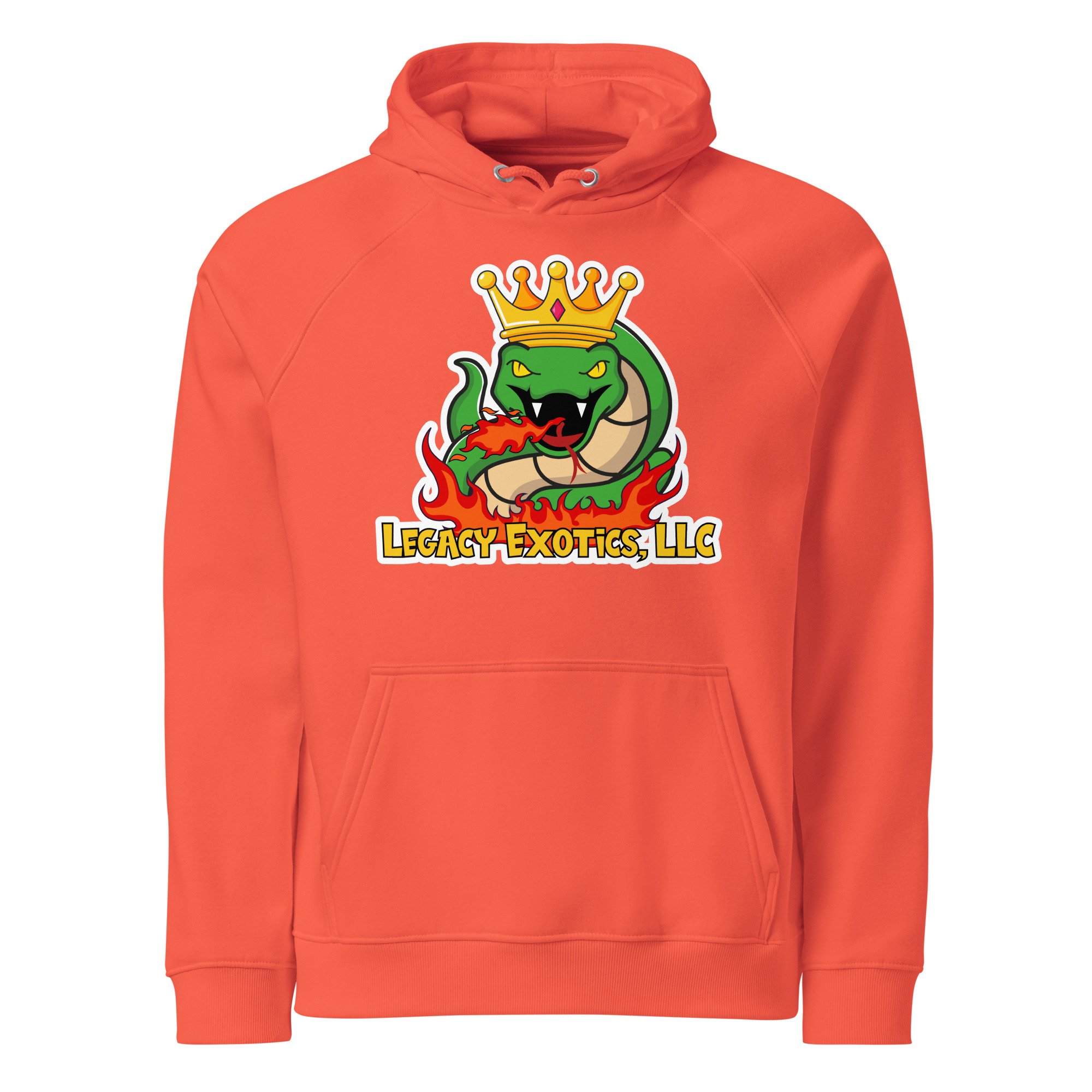 Orange hoodie with a crowned green snake logo breathing fire and text LEGACY EXOTICS, LLC on the front.