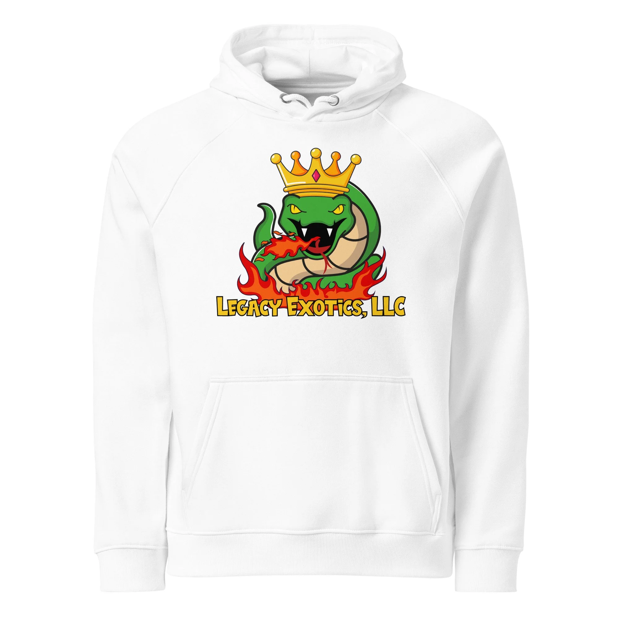 White hoodie with a crowned green snake breathing fire and text Legacy Exotics, LLC in yellow and red below the image.