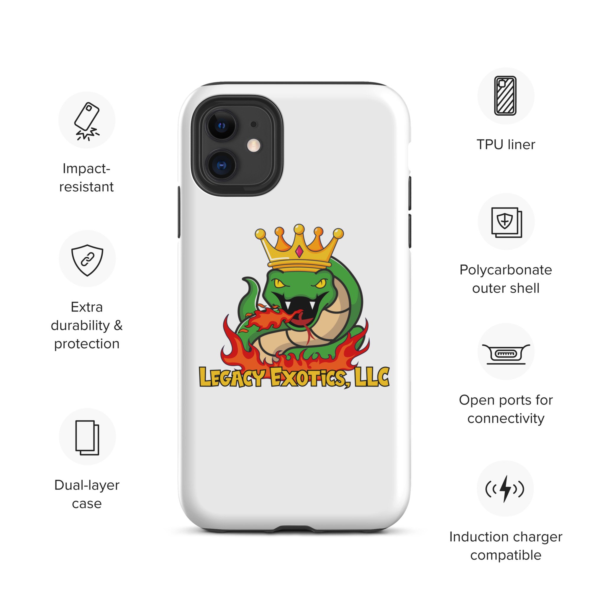 White phone case with a crowned green snake logo and Legacy Exotics, LLC surrounded by feature icons and descriptions.