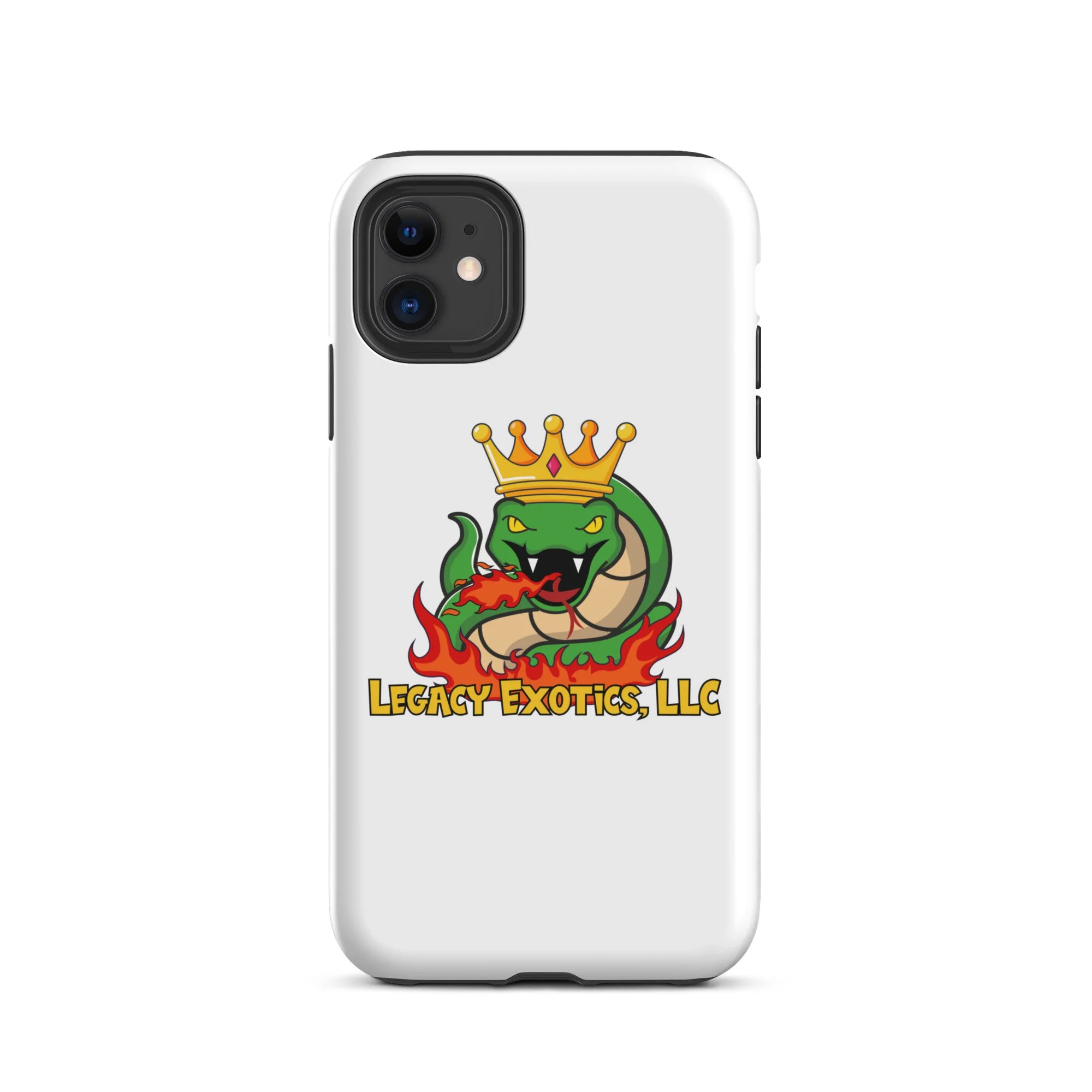 White phone case with a crowned, green snake logo above red flames and the text Legacy Exotics, LLC in bold yellow letters.