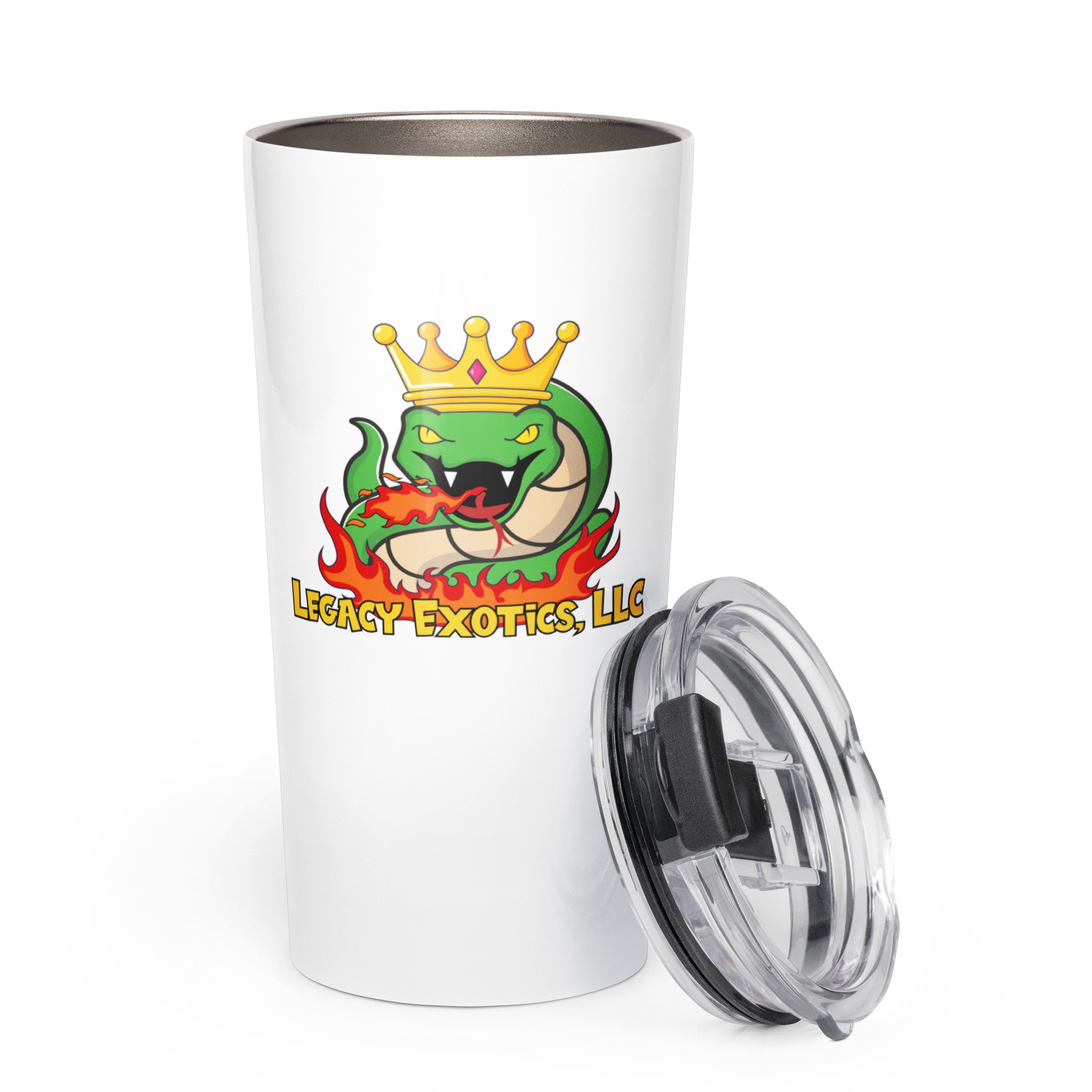 White travel tumbler with a crowned green snake logo, flames, and the text LEGACY EXOTICS, LLC. Lid is placed beside the tumbler.