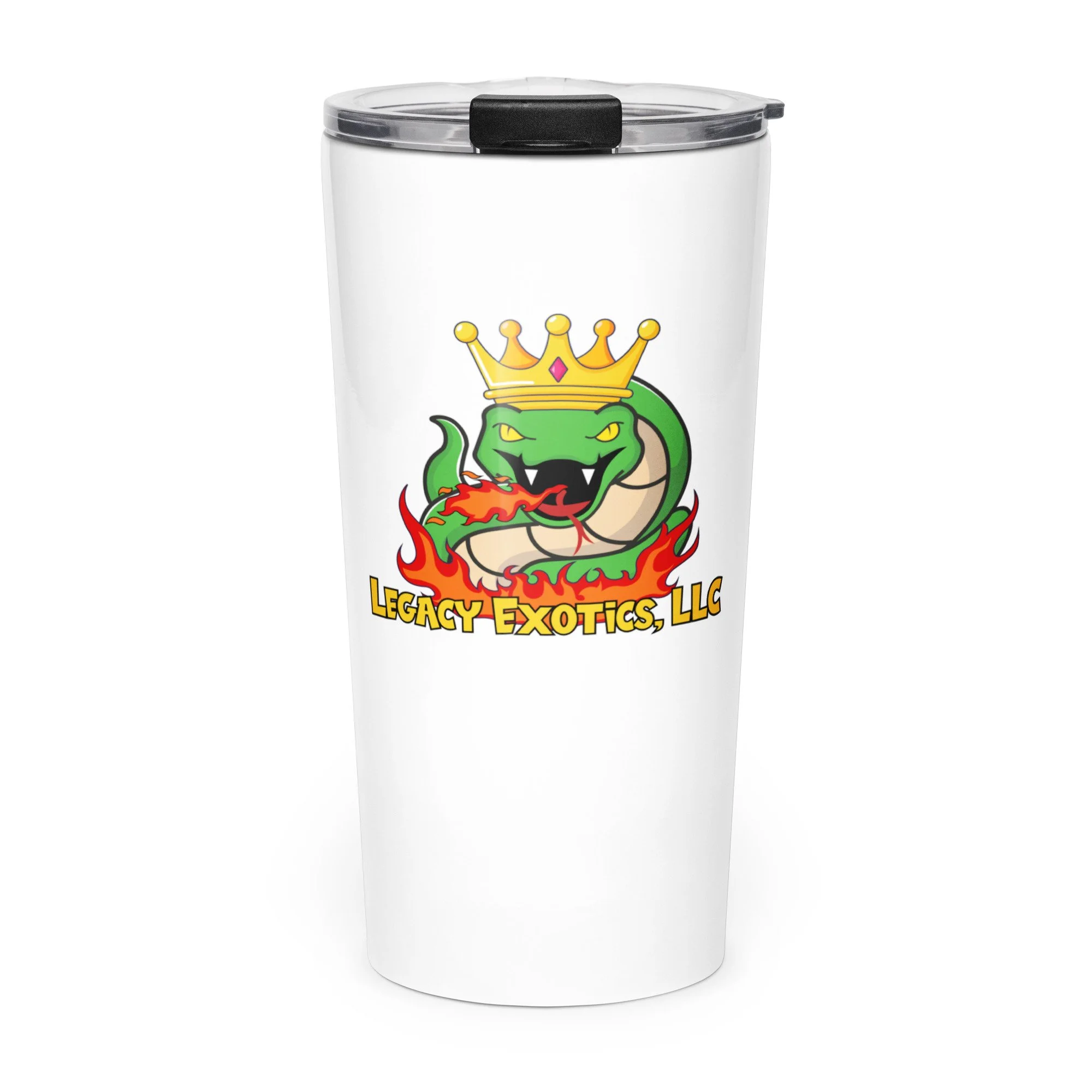 White tumbler with a crowned snake breathing fire and the text “LEGACY EXOTICS, LLC” below the image.